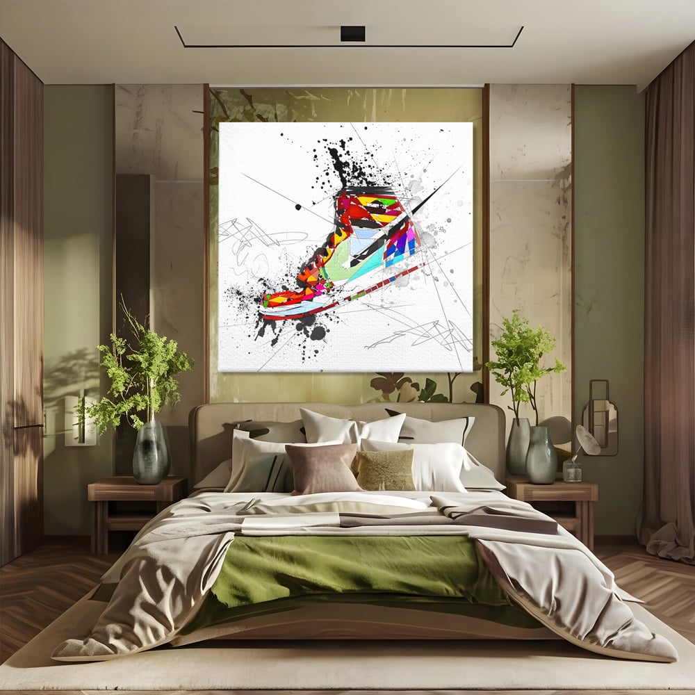 Tablou canvas cu tablou canvas cu adidasa geometric colorat, fara rama, pe sasiu de lemn, pe perete intr-un dormitor